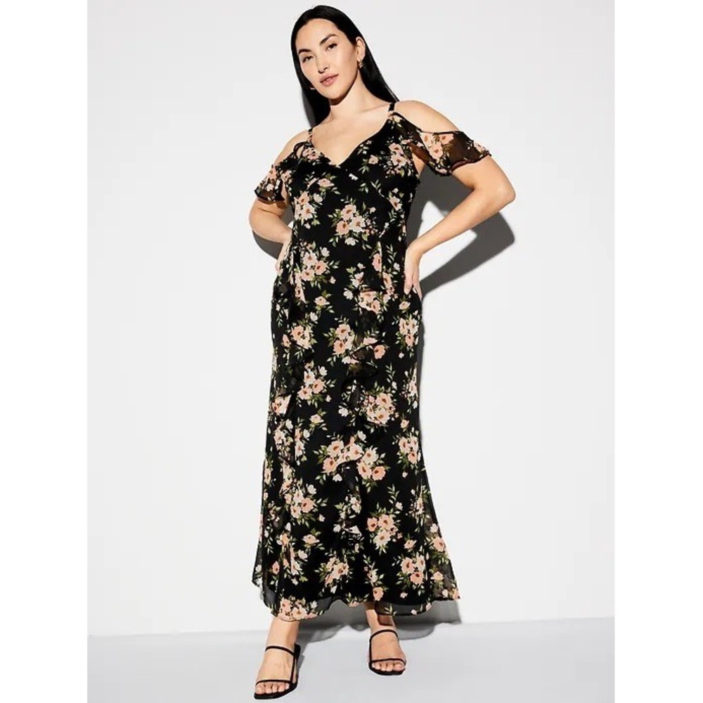 The Occasion Old Navy Black Floral Cold Shoulder Ruffle Maxi Dress Size 10‎ NWT